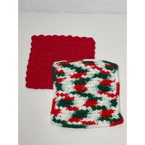Handmade Square Crochet Washcloth Dish Washing Scrubbies Knit Red Green
